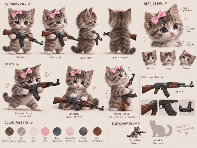 A character design reference sheet for an adorable kitten holding an AK-47 rifle, labeled "Tiny Kitten Big personality," showing turnaround views, head details, poses, a color palette, and size comparison.