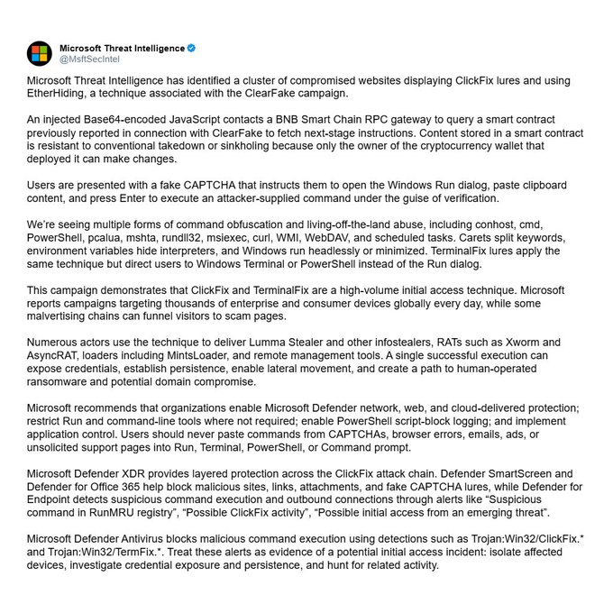 A Microsoft Threat Intelligence tweet (@MsftSecintel) detailing a ClickFix campaign using EtherHiding technique with BNB Smart Chain RPC gateways to store malware instructions, recommending Microsoft Defender protections against the attack chain.