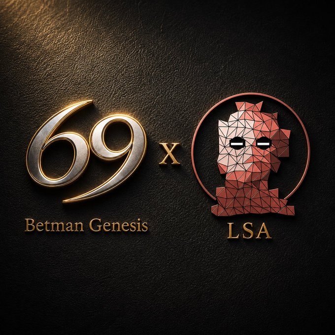 A dark graphic featuring a metallic gold '69' with 'Betman Genesis' text alongside a red polygonal masked character labeled 'LSA', indicating a collaboration between the two projects.