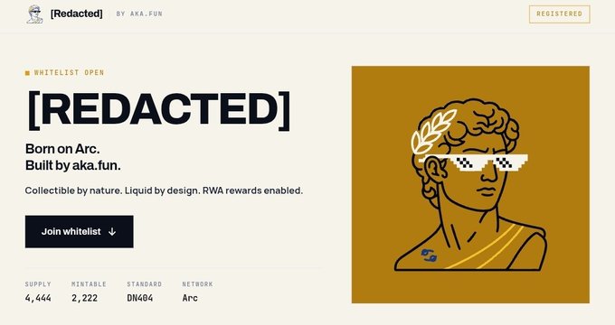 A website banner for '[Redacted] by aka.fun' on the Arc network, showing a stylized illustration of a laurel-crowned figure wearing pixelated sunglasses, with supply 4,444 and mintable 2,222.