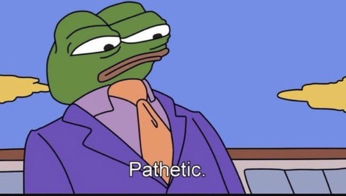 A meme featuring Pepe the Frog in a purple suit with the caption "Pathetic." overlaid at the bottom.