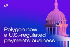 A purple-toned graphic showing the U.S. Capitol building with an American flag overlay and text stating "Polygon now a U.S.-regulated payments business".