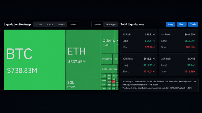 The image shows a table of cryptocurrency market data, which includes information about leverage, total liquidations, and trading pairs such as Bitcoin and Ethereum. It also displays prices for those currencies, showing that Bitcoin has experienced a loss with a value of around $1.45B, while ETH has gained 1.22% in value during the same period. The post appears to be discussing these market trends, emphasizing the importance of understanding the implications of leverage, losses, and gains within the crypto world.