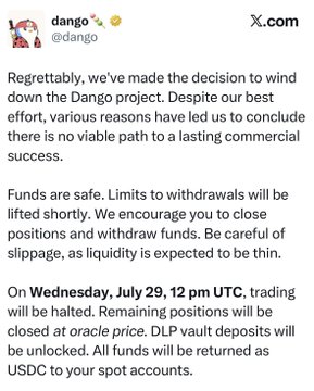 The image shows a tweet from the official Dango account (@dango) announcing the shutdown of the Dango project, with trading to halt on Wednesday, July 29, at 12 pm UTC and funds to be returned as USDC. This ties to the accompanying post's tone of bewildered disappointment, as the user's sarcastic "Who did we offend?" reaction reflects frustration that the project is winding down despite their belief in being early to web3.