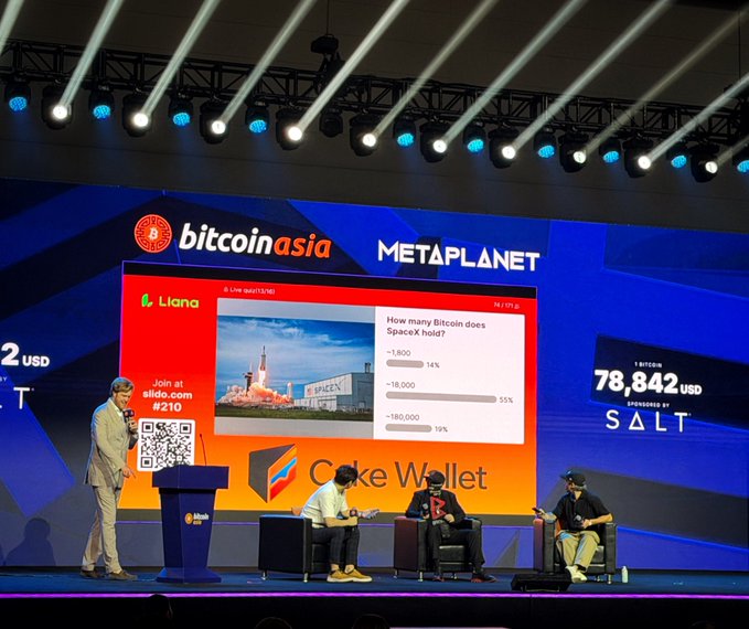 A conference panel takes place on stage at a 'bitcoin asia' event, featuring sponsors like 'METAPLANET', 'Liana', and 'Cake Wallet', with a slide asking 'How many Bitcoin does SpaceX hold?' showing options including '-1,800' (14%), '-18,000' (55%), and '-180,000' (19%), while a ticker shows '1 BTC = 78,842 USD' powered by SALT.