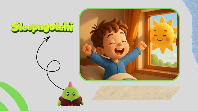 A colorful promotional graphic titled "Sleepagotchi" features a cartoon illustration of a smiling child in pajamas waking up happily by a window with a smiling sun, alongside a small green monster character.