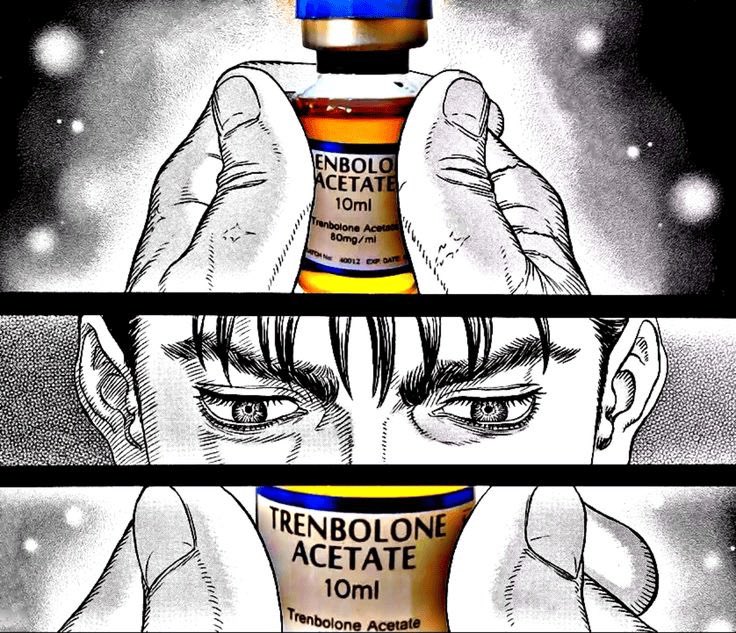 A black-and-white anime-style illustration split into panels, showing hands holding a vial labeled 'TRENBOLONE ACETATE 10ml 80mg/ml' and a close-up of a character's intense eyes.