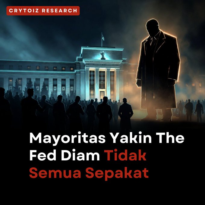 A dramatic thumbnail-style image from 'CRYTOIZ RESEARCH' shows a silhouette of a man in a trench coat standing before the Federal Reserve building, with crowds in the foreground and Indonesian text reading 'Mayoritas Yakin The Fed Diam Tidak Semua Sepakat' (Most believe The Fed stays silent, not all agree).