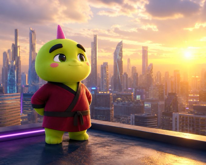 A 3D-rendered green cartoon character with a pink party hat and red martial arts robe standing on a rooftop overlooking a modern city skyline at sunset.