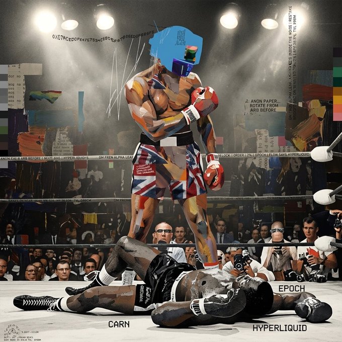 A vibrant collage-style illustration of a boxer wearing a blue helmet and Union Jack shorts standing victorious over a fallen opponent in a ring, with text including 'CARN', 'HYPERLIQUID', 'EPOCH', and 'GM FREN ALPHA LEAKS'.