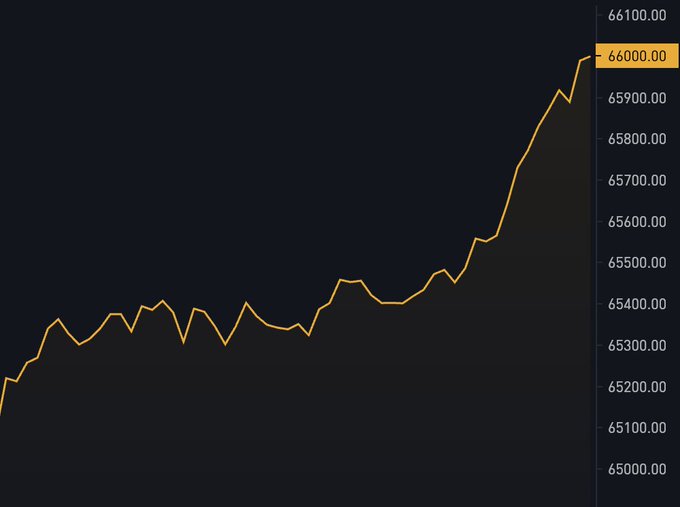 A line chart displays Bitcoin's price rising sharply to $66,000.00, illustrating the recent pump highlighted in the post, with the value climbing from around $65,200 to its peak at the top right of the chart.
