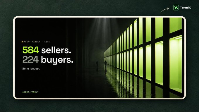 A digital advertisement for TermiX featuring the text '584 sellers. 224 buyers. Be a buyer.' alongside a dark corridor scene with green-lit windows.