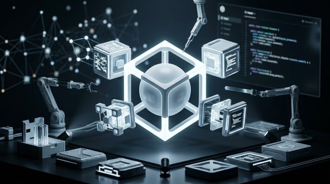 A digital 3D rendering features a glowing hexagonal cube at center, surrounded by robotic arms and floating metallic cubes with code on their faces against a dark, networked background.