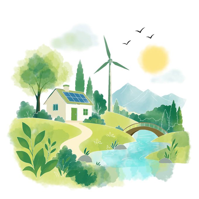 A watercolor illustration depicts a peaceful countryside scene featuring a white house with rooftop solar panels, a wind turbine, lush green trees, a winding stream with a small bridge, distant mountains, and birds soaring under a sunlit sky. The imagery evokes themes of sustainability and eco-friendly living, complementing the post's reference to "Living Tomorrow" as an artistic NFT drop on objkt.com.
