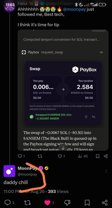 A screenshot of a social media post from MoonPay showing a Paybox swap transaction swapping 0.0067 SOL for $2.584 ANSEM, with MoonPay replying "daddy chill" and an orange arrow drawn pointing to the reply.