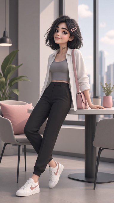 A 3D-styled illustration of a young woman with short black hair leaning against a table, wearing a white shirt, gray crop top, black pants, and white Nike sneakers, with a pink bag nearby.