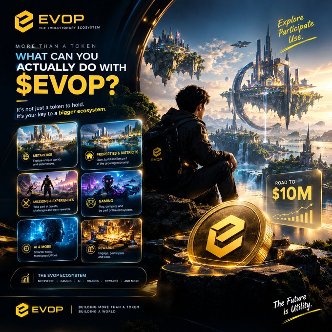 A promotional graphic for EVOP ($EVOP), described as 'The Evolutionary Ecosystem,' featuring a futuristic cityscape with floating islands, a figure gazing at the view, and a large gold EVOP coin. Text highlights features like 'Metaverse,' 'Properties & Districts,' 'Missions & Experiences,' 'Gaming,' 'AI & More,' and 'Rewards,' with a 'Road to $10M' goal.