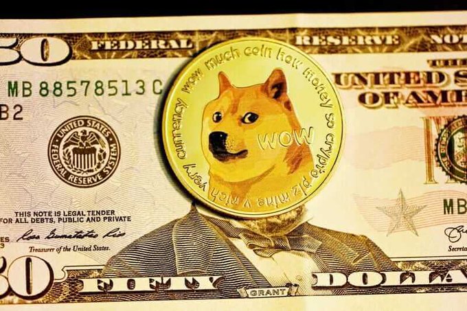 A physical Dogecoin coin featuring the iconic Shiba Inu dog design with 'wow much coin how money so crypto' text, resting on top of a US fifty-dollar bill.