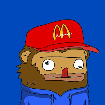 A cartoon illustration of a wide-eyed brown monkey-like character wearing a red McDonald's cap and blue hoodie against a blue background.