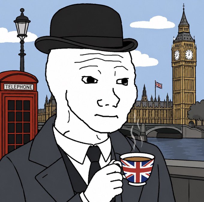 A Wojak-style cartoon character wearing a bowler hat and suit, holding a Union Jack teacup, with Big Ben, a red telephone booth, and London cityscape in the background.