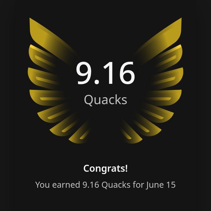 The image features an award for Quacks, which is a gold-colored trophy with a bird's wing design. It has the number 9.16 displayed at the top of the trophy. Below this, there are congratulations written in white text that reads "Congratulations! You earned 9.16 Quacks from @wallchain yesterday." The image also includes a caption that says "Focus on what is in the image and how it relates to the post".