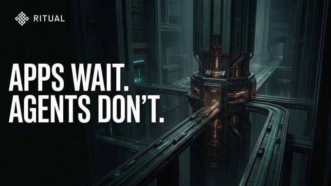 A dark, futuristic promotional image for 'RITUAL' featuring an industrial sci-fi corridor or machine, with the slogan 'APPS WAIT. AGENTS DON'T.'