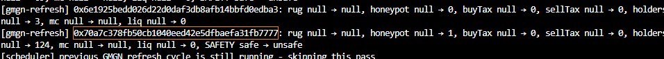 A close-up of terminal code logs showing GMGN refresh operations, with a red box highlighting a transaction hash and the text 'SAFETY safe → unsafe'.