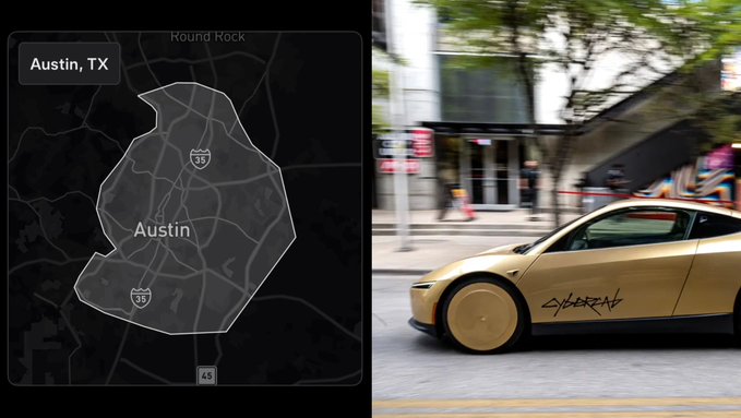 A split-screen image shows a map highlighting Austin, TX with highways I-35 and US-290 on the left, and a gold-wrapped Tesla Cybertruck driving on a city street on the right.