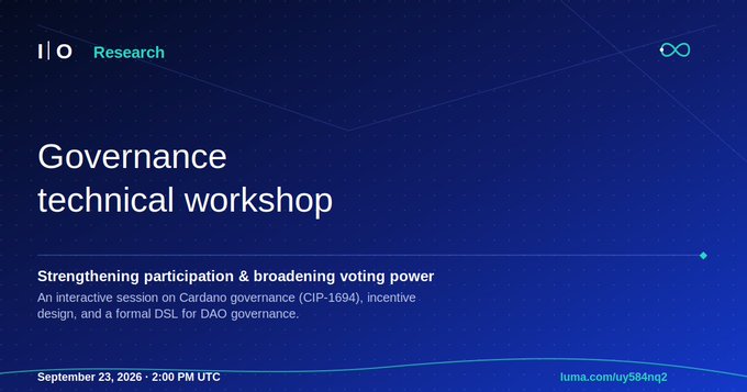 Event announcement slide for a 'Governance technical workshop' by llo Research on September 23, 2026 at 2:00 PM UTC, focusing on Cardano governance (CIP-1694), with link luma.com/uy584nq2.
