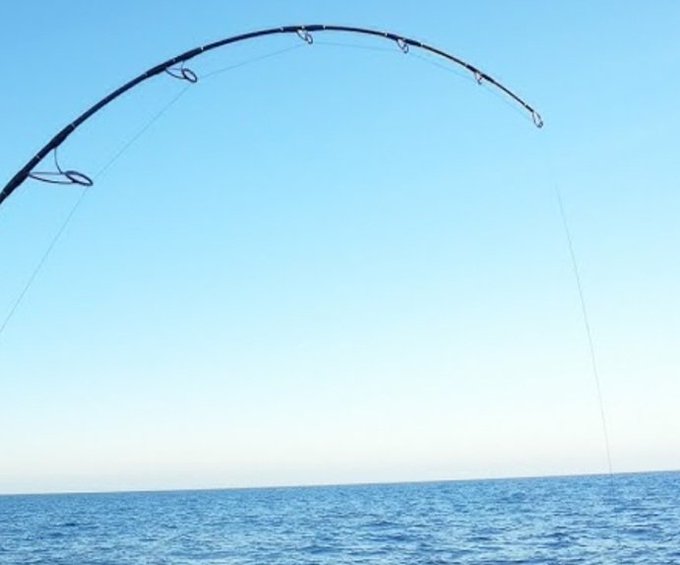 A fishing rod arcs dramatically against a clear blue sky over the ocean, with the fishing line extending down into the water.