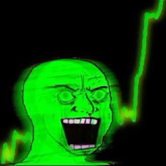 A green-tinted cartoon character with a wide-open mouth smiles intensely against a black background with green lightning bolts.
