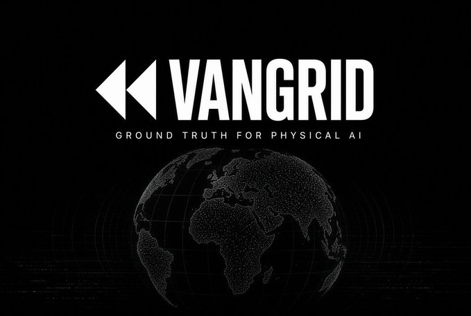 Black logo screen displaying 'VANGRID' with the tagline 'GROUND TRUTH FOR PHYSICAL AI' above a dotted globe graphic.
