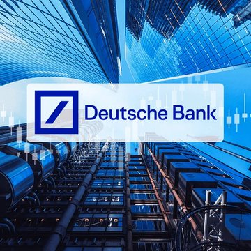 The image shows the Deutsche Bank logo prominently displayed against a backdrop of modern glass office buildings and overlaid financial charts. This visually represents the traditional banking giant's expansion into cryptocurrency custody services, as mentioned in the post about Deutsche Bank preparing to launch crypto custody in Germany with plans for further Asian expansion.