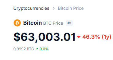 A cryptocurrency price tracking page showing Bitcoin (BTC) at $63,003.01, ranked #1, with a 46.3% decline over 1 year and 0.9992 BTC.