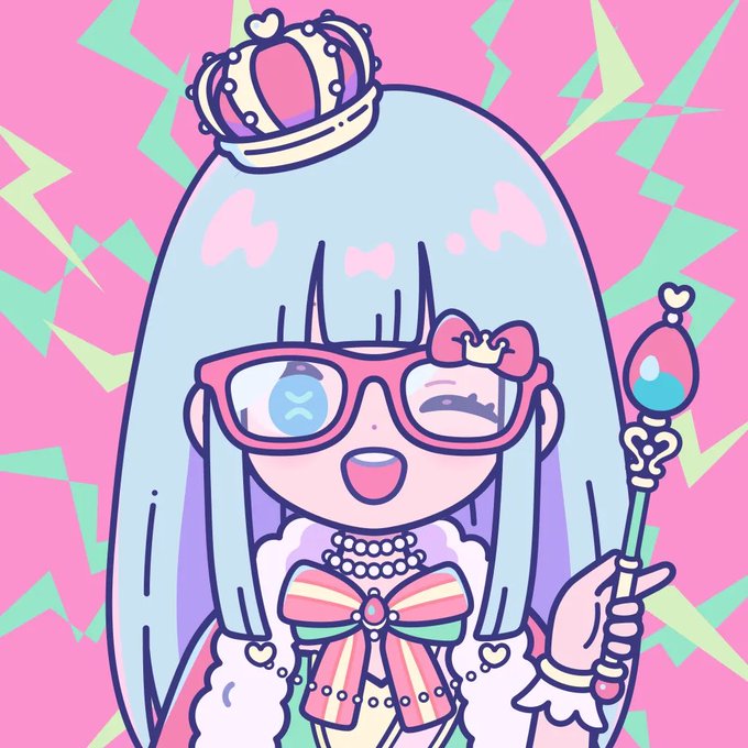 A colorful anime-style illustration of a cheerful character with long blue hair, pink glasses featuring a crying-face design, a golden crown, holding a heart-topped scepter, wearing a rainbow bow and pearls, set against a pink background with green lightning bolts.