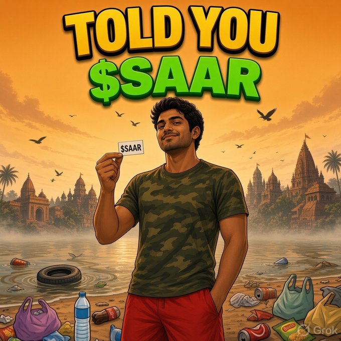 A cartoon-style illustration of a young man in a camouflage shirt holding a card that says "$AAR", with bold text reading "TOLD YOU $AAR" above him, set against a polluted riverside with temple silhouettes.