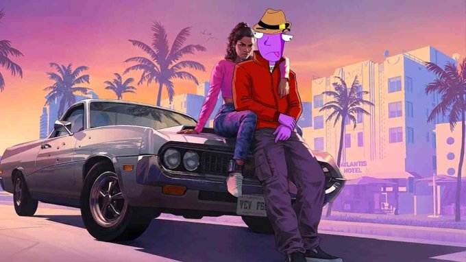 A stylized digital illustration of a couple sitting on a classic muscle car at sunset in a tropical Miami-style setting with palm trees and the 'Atlantis Hotel' visible in the background; the male character wears a red jacket and yellow hat while the female wears a pink top.