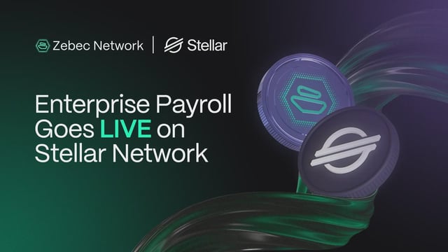 The image features a promotional poster for ZBCN's new Enterprise Payroll service, which goes live on the Stellar Network. The poster includes two coins floating in space with the text "ZBCN x Stellar now LIVE". This suggests that the service is currently available and ready to use by anyone who wants to utilize it.