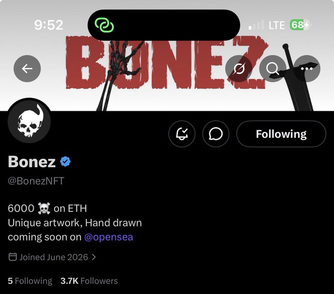 Twitter/X profile screenshot of 'Bonez' (@BonezNFT), a verified account with a skull avatar, 3.7K followers, advertising '6000 on ETH' unique hand-drawn artwork and upcoming @opensea listings.