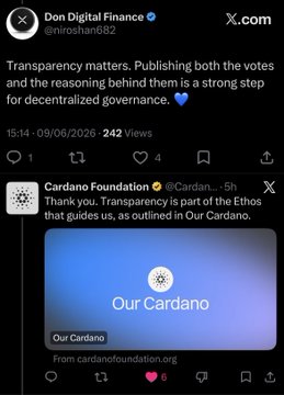 The image shows two Twitter posts related to cryptocurrency. One post is from a user named "Cardano Foundation" with a heart icon, while the other post is from a user named "X-com" who has posted about transparency matters and the reasons behind them being a strong step for decentralized governance. The Cardano Foundation's response to one of the users' posts highlights their engagement in the crypto community and their interest in learning more about it.