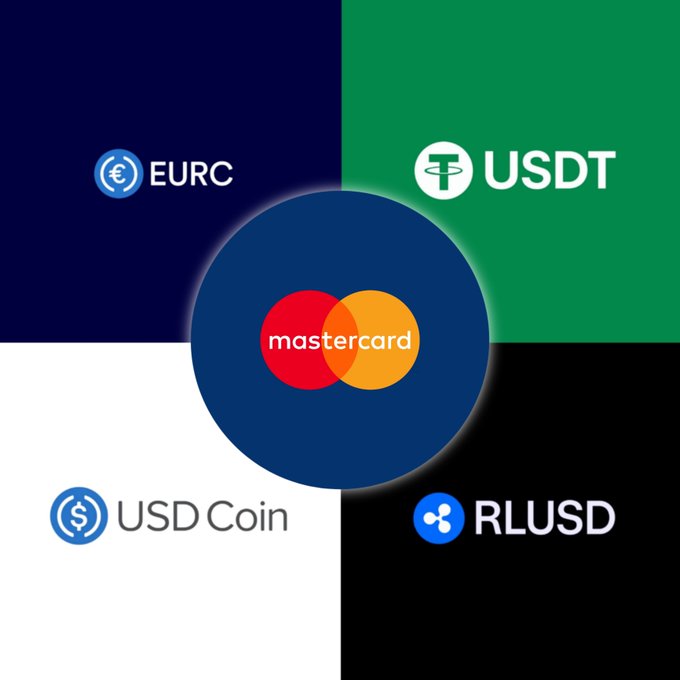 Mastercard branded graphic featuring the Mastercard logo in the center surrounded by four stablecoins: EURC (top left, navy), USDT (top right, green), USD Coin (bottom left, white), and RLUSD (bottom right, black).