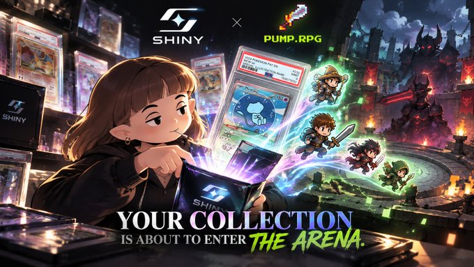 Promotional artwork for 'SHINY x PUMP.RPG' featuring an anime-style girl holding trading cards with pixel art characters, accompanied by the text 'YOUR COLLECTION IS ABOUT TO ENTER THE ARENA'.