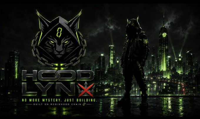 A dark promotional graphic for 'HOOD LYNX' cryptocurrency with the tagline 'NO MORE MYSTERY. JUST BUILDING. BUILT ON ROBINHOOD CHAIN' featuring a hooded figure against a green-lit cityscape.