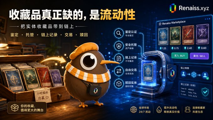 A Chinese promotional advertisement for Ronaiss.xyz (Renaiss Marketplace) featuring a cartoon bird mascot and text about bringing real collectibles on-chain with services like authentication, escrow, and trading.