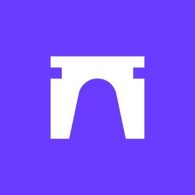 A minimalist white logo resembling a bridge or an archway set against a solid purple background.