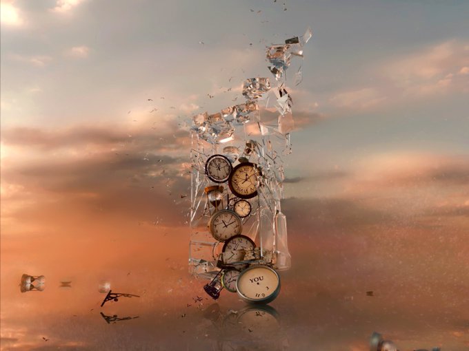 A surreal digital artwork showing a column of shattering glass containing multiple clocks, one displaying 'YOU', set against a sunset sky.