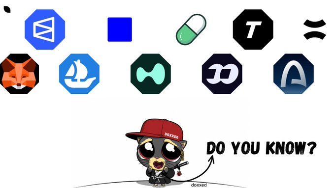 An illustration by 'doxxed' showing a cat in a red 'DOXXED' cap saying 'DO YOU KNOW?' below various crypto and tech logos including Near, Mask Network, SUI, Doge, and Arweave.