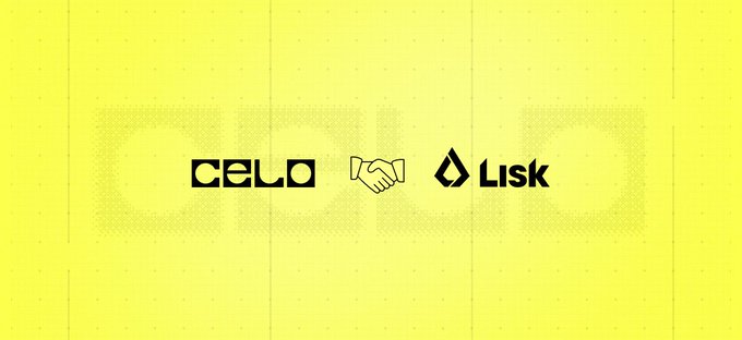 A graphic showing a partnership handshake between 'CELO' and 'Lisk' blockchain logos on a yellow background.