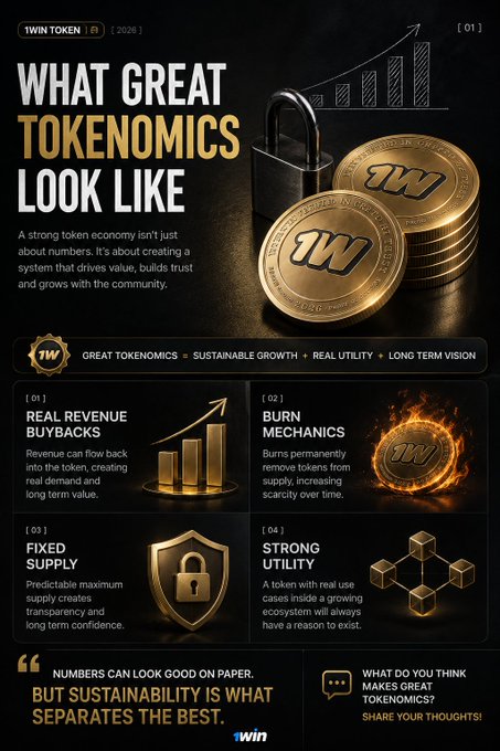 The image is a branded infographic from 1WIN Token (1W) titled "WHAT GREAT TOKENOMICS LOOK LIKE," highlighting four key pillars: Real Revenue Buybacks, Burn Mechanics, Fixed Supply, and Strong Utility, alongside a quote noting "NUMBERS CAN LOOK GOOD ON PAPER, BUT SUSTAINABILITY IS WHAT SEPARATES THE BEST." It visually reinforces the post's message that tokenomics must focus on real utility and sustainability rather than just appealing numbers on paper.