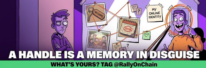 A stylized illustration shows a thoughtful purple-haired character on the left alongside a detective board covered in clues like "USERNAME," "2008," a calendar, and "MY ONLINE IDENTITY," leading to a smiling character on the right, with the bold text "A HANDLE IS A MEMORY IN DISGUISE" and "WHAT'S YOURS? TAG @RallyOnChain" below. The image visually reinforces the post's theme by framing a username as a deliberate puzzle of personal meaning, hinting that the user's handle encodes a nickname tied to the significant year 2008.